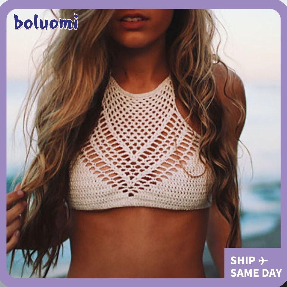Boluomi ชุดว่ายน้ํา บิกินี่โครเชต์ สีพื้น กลวง ชายหาด สายคล้องคอ ย้อนยุค ผู้หญิง เสื้อกล้าม