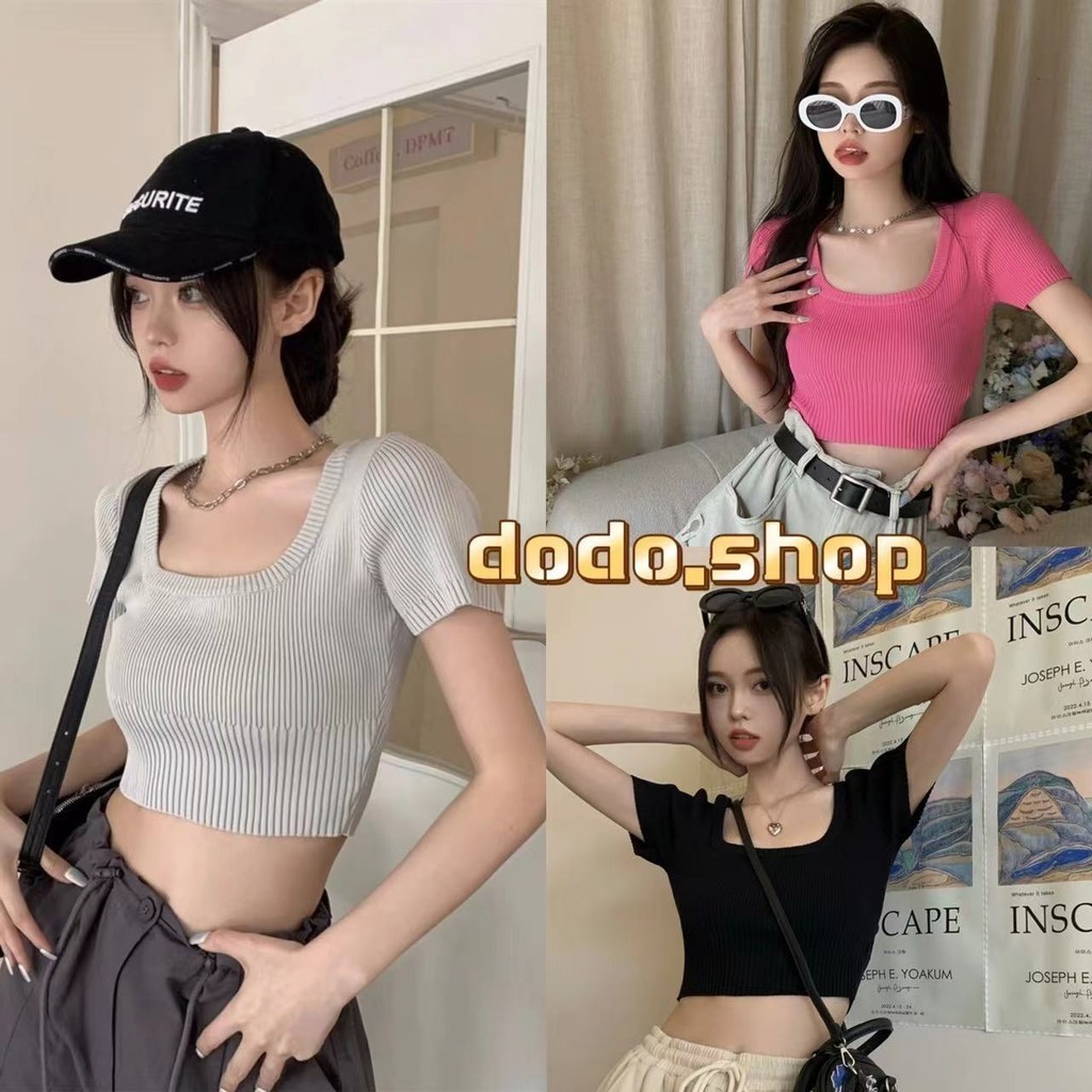 DODO⭐️สินค้าพร้อมส่ง⭐️เสื้อครอปแขนสั้นดีเทลมาเก๋ คอกลมผ้านิ่มยืดใส่สบาย(9385-1)