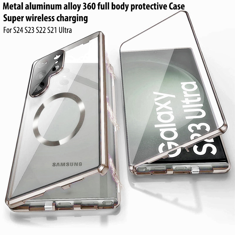 เคสโทรศัพท์มือถือกระจกนิรภัยแข็ง แบบแม่เหล็ก สองด้าน ด้านหน้า และด้านหลัง 360 องศา สําหรับ Samsung Galaxy S23 S24 S22+ S22plus Ultra