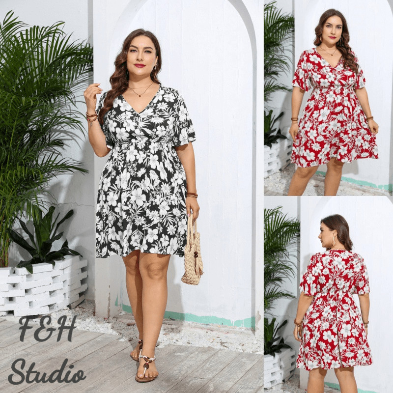 F&H 4222-2 สี XL-4XL V คอ Plus ขนาดผู้หญิงดอกไม้พิมพ์แขนสั้นชุด