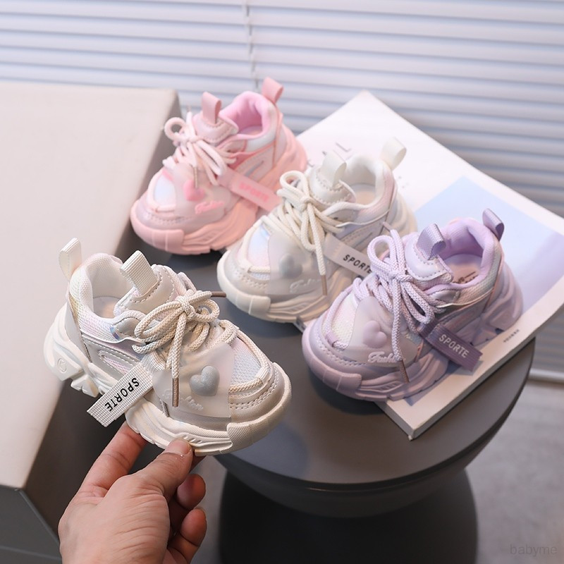ขนาด 21-37 รองเท้าเด็กผู้หญิงโต รองเท้าผ้าใบเด็ก ป้องกันการลื่นไถล สีชมพู นักเรียน