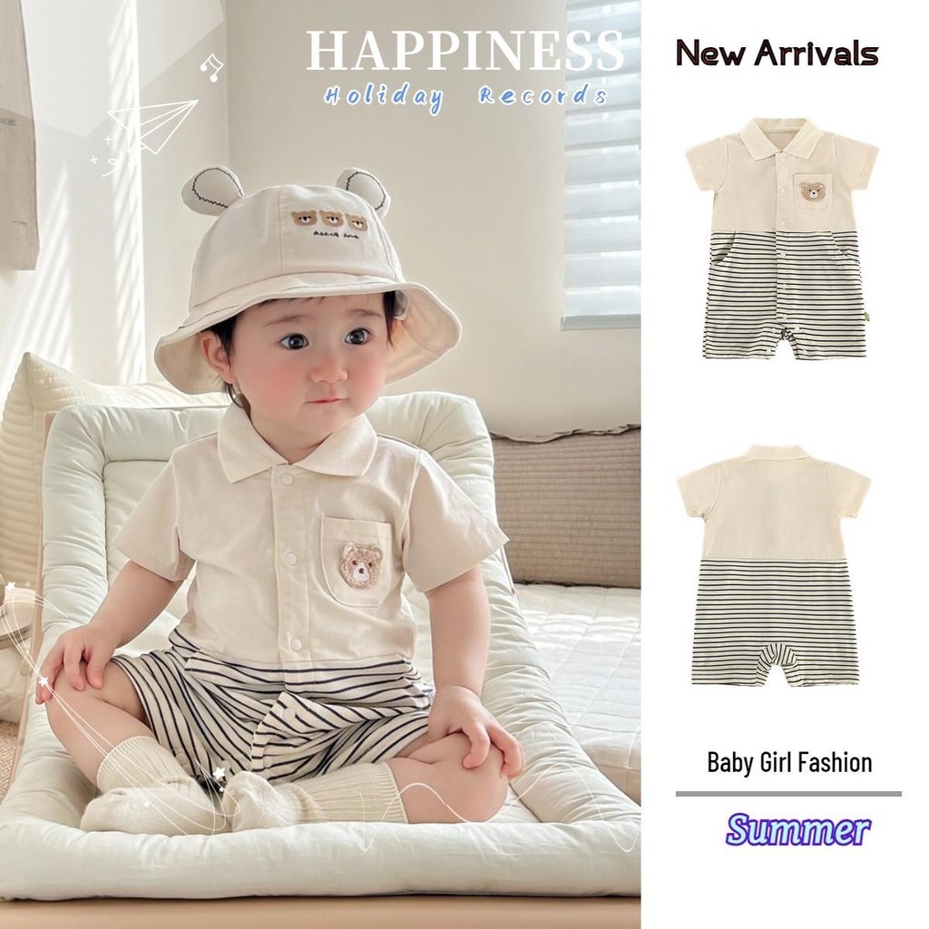 เด ็ กฤดูร ้ อนเสื ้ อผ ้ ากระเป ๋ าเด ็ กชายและเด ็ กหญิงแขนสั ้ นบอดี ้ สูท 0-24 เดือนผ ้ าฝ ้ ายโปโลลายหมี Super หล ่ อ Romper สไตล ์ เกาหลีหนึ ่ งปี & Baptism
