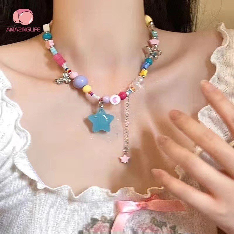 1/3 ชิ ้ น Y2k Dopamine สีสันดาวลูกปัดสร ้ อยคอสาวเกาหลีสไตล ์ หวานหัวใจจี ้ ลูกปัด Clavicle Chain เ