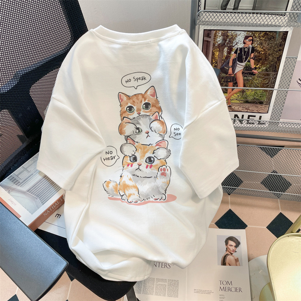 SELVZE（จัดส่งตลอด 24 ชั่วโมง） Printed T-shirt，ลูกแมวการ์ตูนน่ารักพิเศษพิมพ์เสื้อยืดแขนสั้นหลวม T1507
