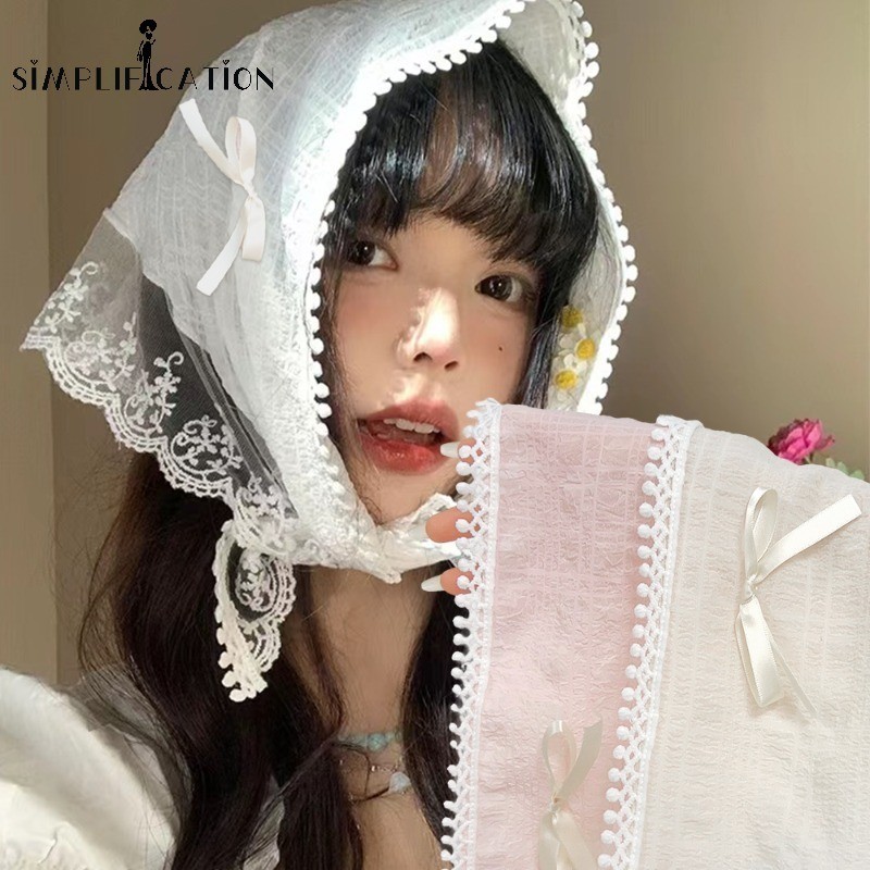 1 Pc Retro Lace Bow สามเหลี่ยมผ้าพันคอผมสําหรับผู้หญิงแฟชั่นลูกไม้ผ้าพันคอหวาน Seaside Headscarf Hairbands อุปกรณ์เสริมผม
