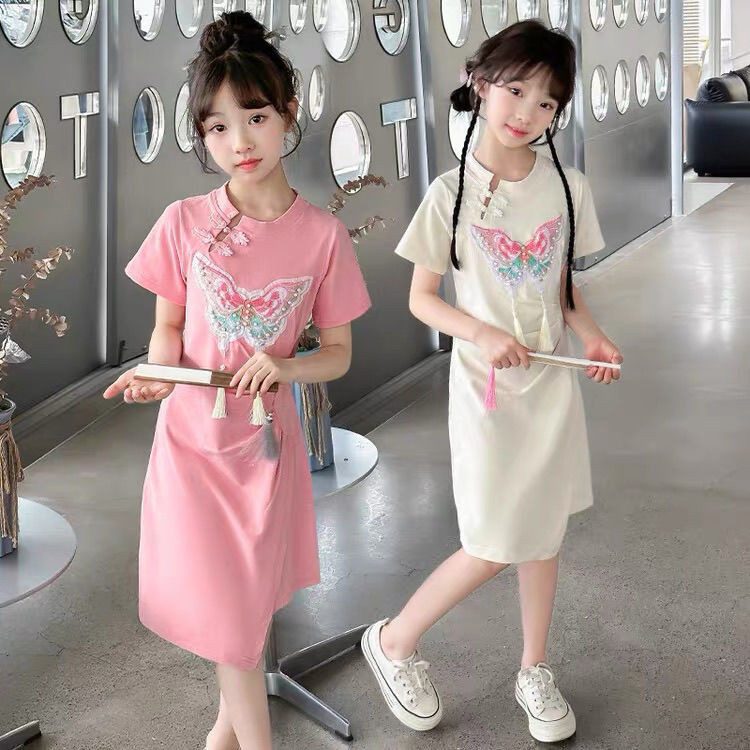 【สปอต】 3-14 ปี ชุดเดรสสาวเด็กชุดผีเสื้อ 2024 แฟชั่นสไตล์จีนใหม่เด็กสาวแฟชั่นชุดฤดูร้อนชุดเดรสสาวเพรียวบาง