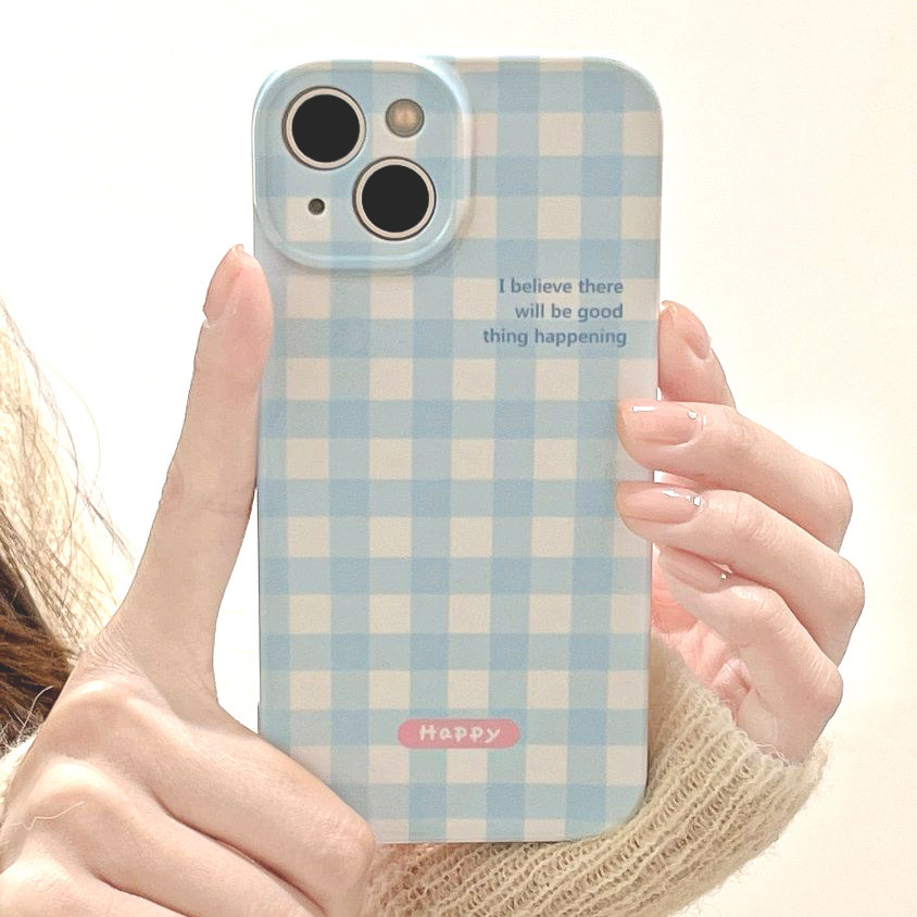 เคสโทรศัพท์มือถือ PC แข็ง กันกระแทก ป้องกันเลนส์ ลายสก๊อต สีฟ้า เรียบง่าย สําหรับ Iphone 11 15 14 Pro Max 12 13 Promax XR XS Max 7Plus 8Plus 7G 8G SE