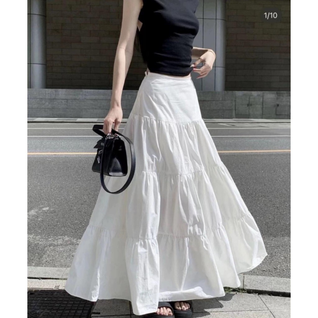Dahong  ❤️กระโปรงยาว 3 ชั้น ทรงเอ จับจีบ สีพื้น เอวยางยืด กระโปรงแฟชั่นหญิง แฟชั่นฤดูใบไม้ผลิ ฤดูร้อน สําหรับสตรี 8826