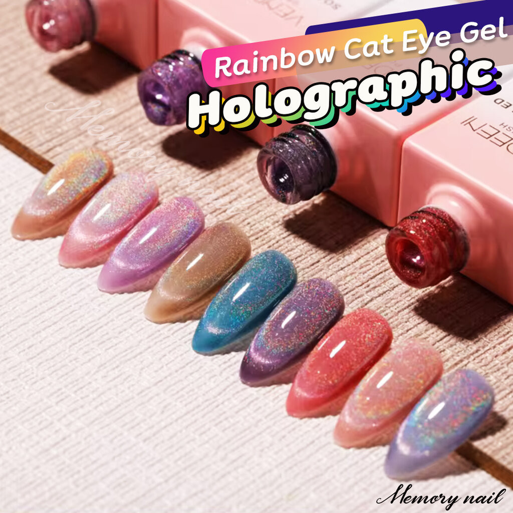 (A65ขวดชมพู) Vendeeni Rainbow Holographic Cat Eye Gel สีเจล ทาเล็บ ลูกแก้ว แม่เหล็ก แคทอาย รุ้ง โฮโล