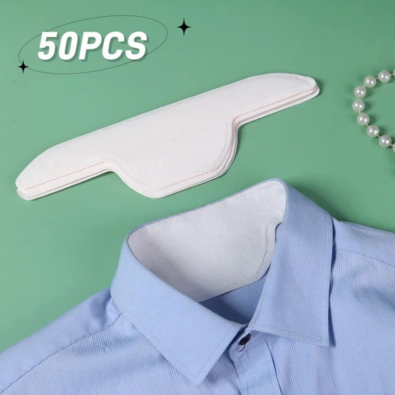 50 ชิ้นฤดูร้อนคอเหงื่อแผ่นทิ้งเสื้อยืดสีขาวดูดซับระงับกลิ่นกายสติกเกอร์ Anti Perspiration Collar Pad สําหรับ Unisex