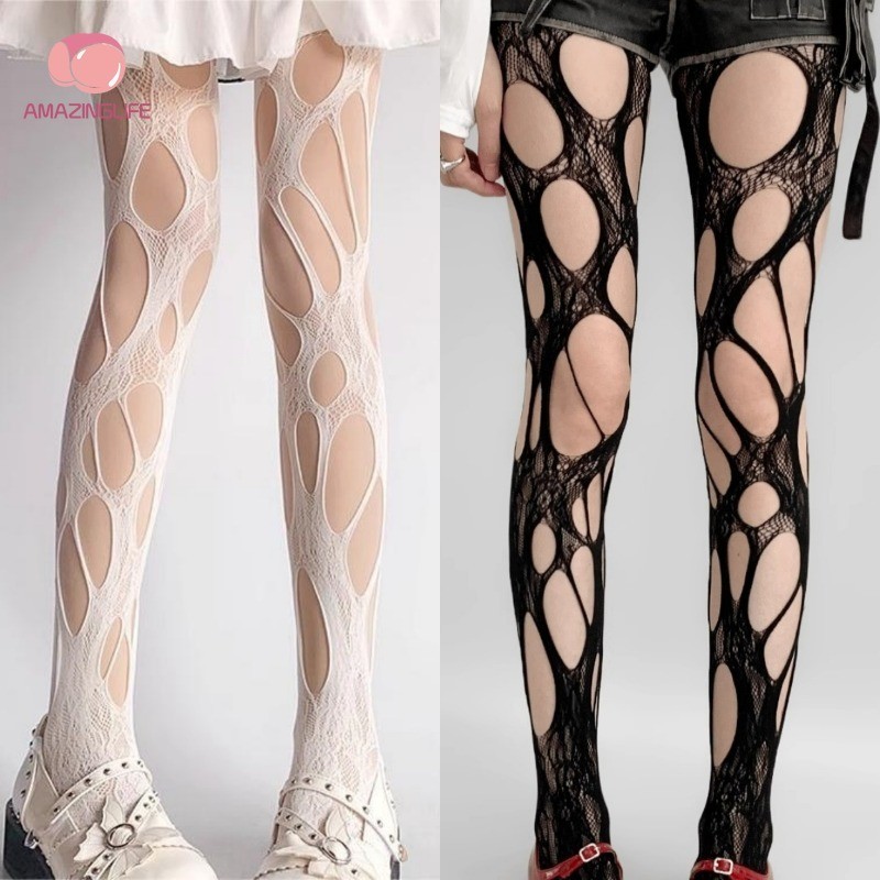 1 PC สไตล์ญี่ปุ่น Simple Torn Pantyhose - ผู้หญิงแฟชั่น Punk Tights ถุงน่อง - Y2k ตาข่าย Hollow Out Tights สูงร้านขายชุดชั้นใน