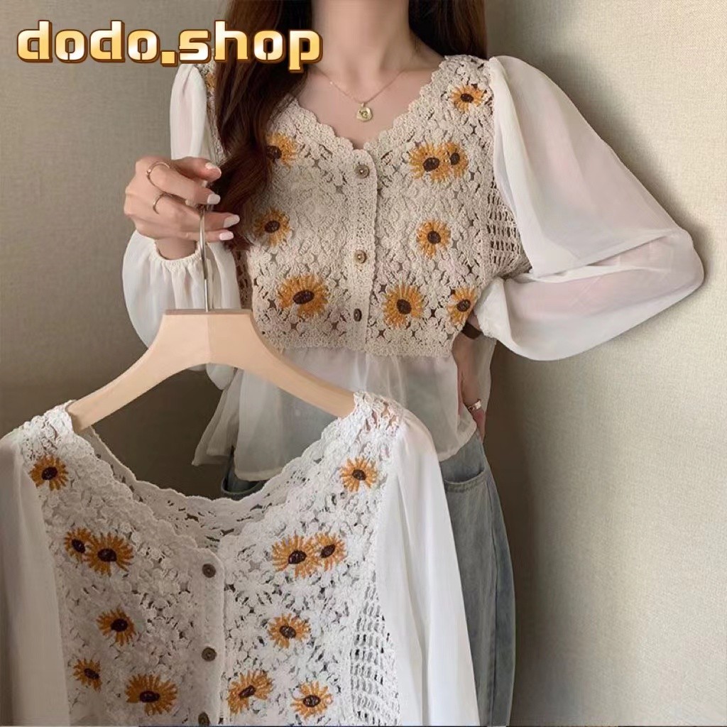 DODO⭐️พร้อมส่ง⭐️เสื้อถักไหมพรม แขนยาวชีฟอง ถักลายดอกทานตะวันน่ารักๆดีเทลกระดุมไม้เก๋ๆ (1968)