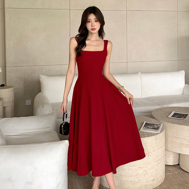 High-gard Elegant สไตล ์ ผู ้ หญิงแขนกุด U-neck ไวน ์ สีแดงชุดทางการ