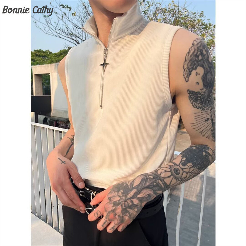 Bonnie Cathy  Star เสื้อกั๊กแขนกุดซิปคอปกสูงอินเทรนด์แบรนด์เสื้อยืดแขนกุดดีไซน์เฉพาะกลุ่ม