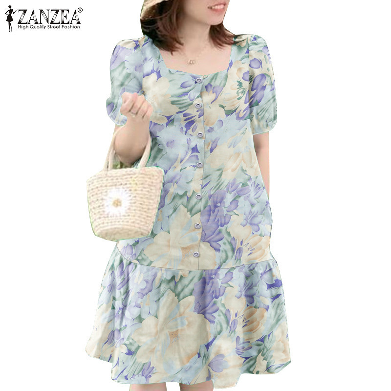 Zanzea ผู ้ หญิงแฟชั ่ นแขนสั ้ นคอเหลี ่ ยม Fishtail Hem Ruffle Hem พิมพ ์ ชุด