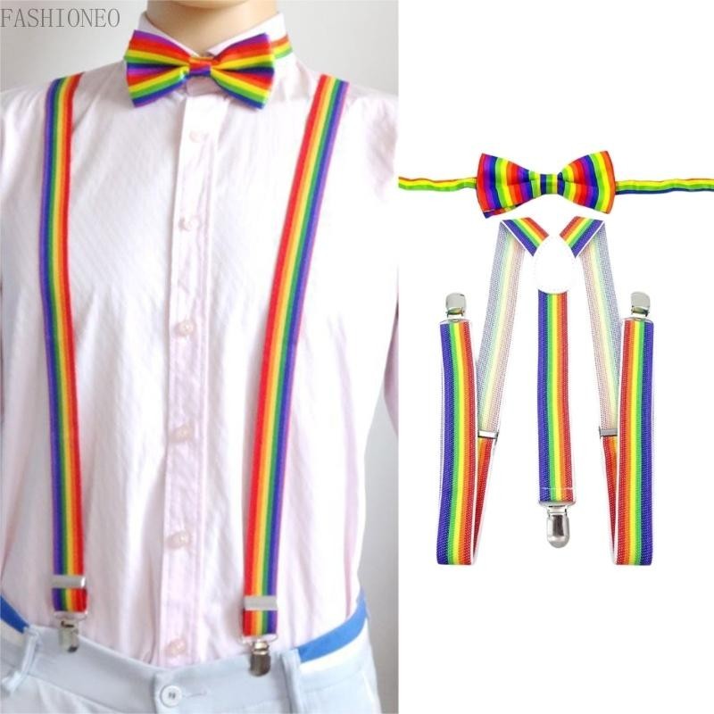 Fas Elegant and Bowtie Set อัพเกรดสไตล ์ ชุดสําหรับ Pride Month Party สีสัน Suspenders