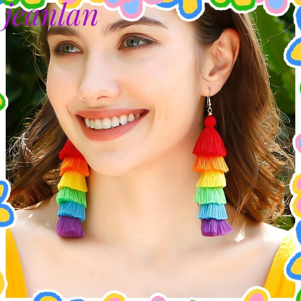 Jeanlan ต่างหูพู่ถัก หลายชั้น โบฮีเมียน สีรุ้ง สีสัน ต่างหู LGBTQ พู่ถัก ต่างหูผู้หญิง