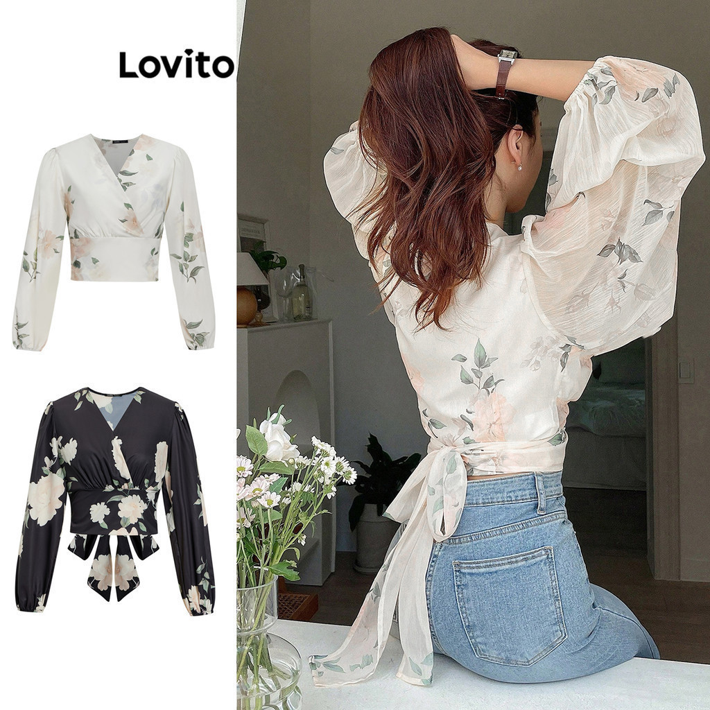 Lovito เสื้อเบลาส์ผู้หญิง แต่งตาข่าย สายไขว้ ลายดอกไม้ สไตล์โบโฮ L68ED025 (หลากสี)