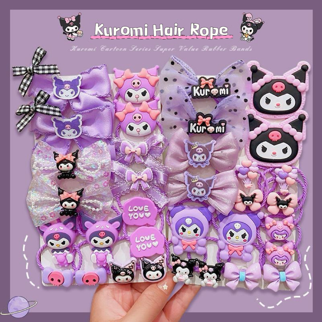 18pcs/set Kuromi Melody Y2k โบว ์ เชือกผม Sanrio Hellokitty Cinnamoroll แหวนผมหางม ้ าอุปกรณ ์ เสริมผมสาวยาง Band Headrope