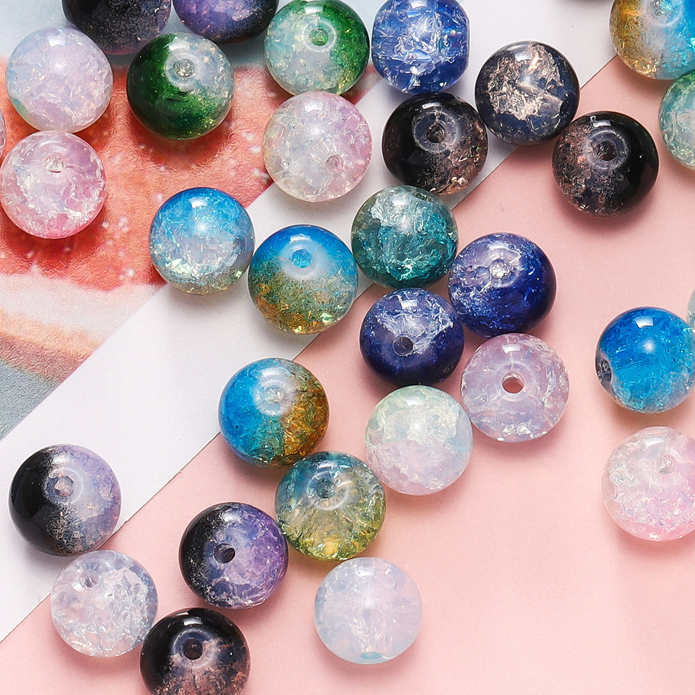 St.kunkka 20/50Pcs 10mm ลูกปัดแก้วสีสันสดใสที่มีเอฟเฟกต์แตก ลูกปัดสองสี ใช้สำหรับสร้อยคอสร้อยข้อมือลูกปัด DIY