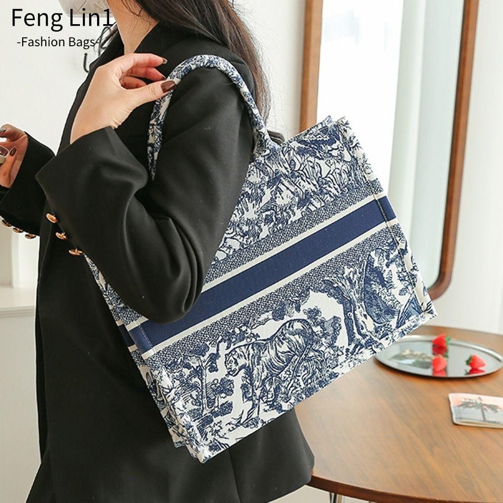 Fengling Tote Bag,ผ้าฝ้ายผ้าลินิน Jacquard เย็บปักถักร้อยกระเป๋าสะพาย,หรูหราสบายๆขนาดใหญ่ความจุ Retro ประณีตกระเป๋าถือผู้หญิงหญิง