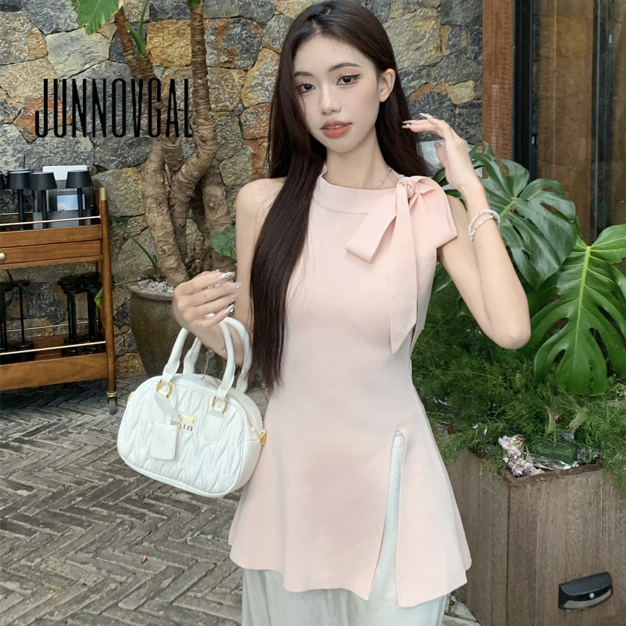 JUNNOVGAL ผู้หญิง Camisole ถักไม่สม่ําเสมอรอบคอใหม่สไตล์อเมริกัน Bowknot