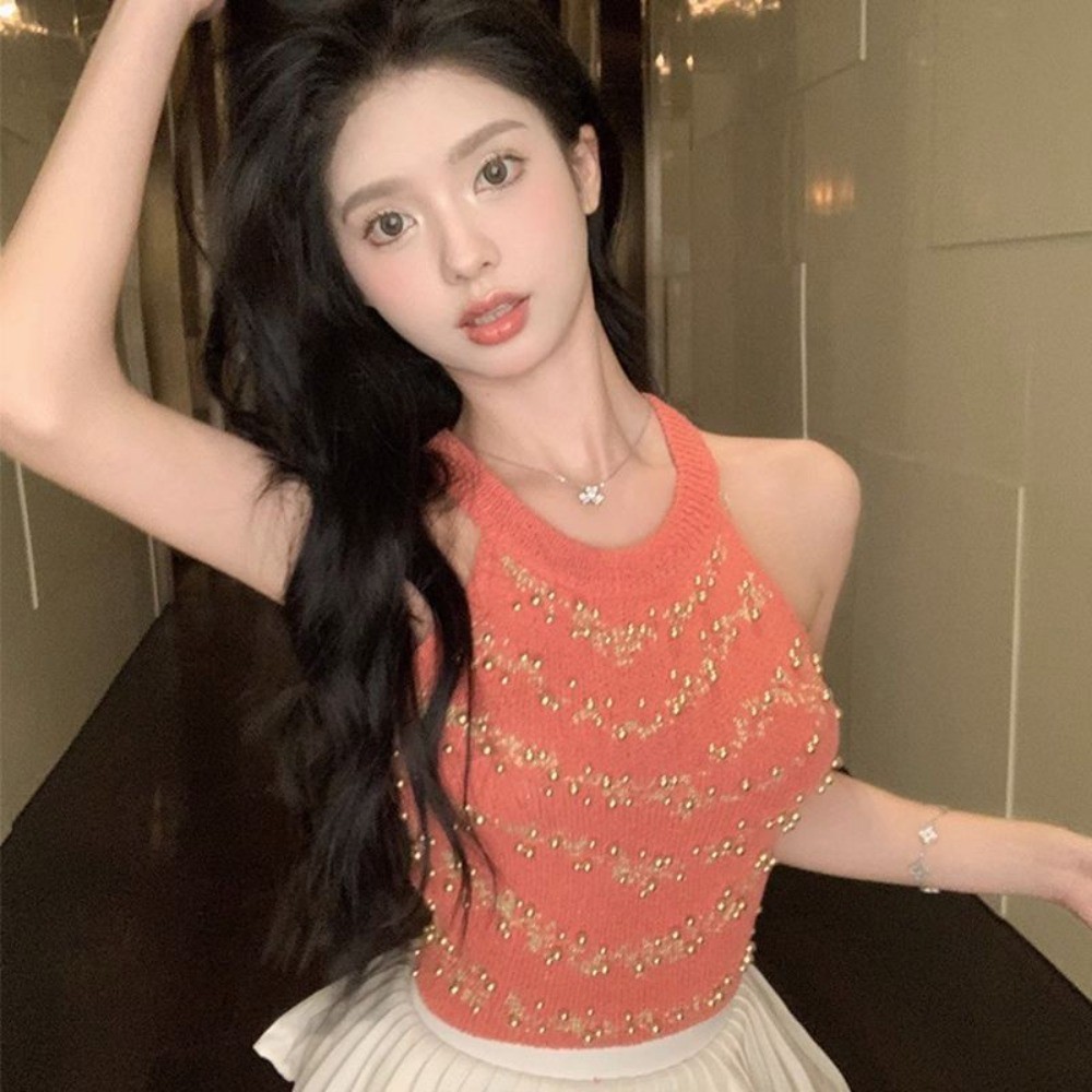 เสื้อชั้นในสตรี ผู้หญิงสไตล์ฝรั่งเศสถักลูกปัดเชือกแขวนคอการออกแบบที่เรียบง่ายทุกการแข่งขันฤดูร้อนซอกสวมใส่ด้านนอกสั้นสไตล์สาวร้อนถักด้านบน