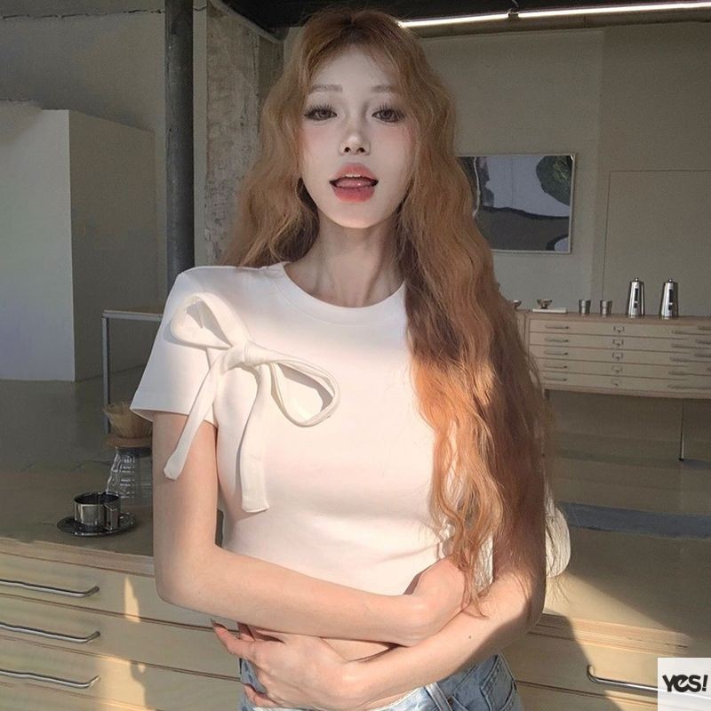 เสื้อแขนสั้นผู้หญิงโบว์สีขาวหวานเผ็ดเสื้อท่อนล่างอเนกประสงค์ YES