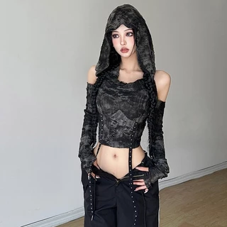 Wasteland สไตล์ Hand-Frayed Hooded Strapless เสื้อยืดแขนยาวผู้หญิง Slimmer ดูเอวสูงที่ไม่ซ้ํากันสั้น Maige เกราะ Mink 8