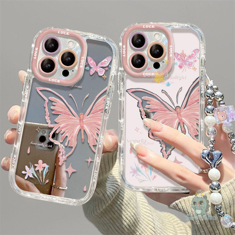Ins Original สําหรับ iPhone 6 7 8 Plus iPhone 11 13 12 14 15 Pro Max X XR Xs Max เคสโทรศัพท์ครีมกระจกGlossyปลอกน่ารักผีเสื้อคู่ซิลิโคนป้องกันปกอ่อน