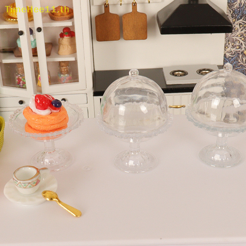 Timehee 1:12 Dollhouse Miniature โปร่งใสสูงถาดจานขนม W/เค้กถาดผลไม้ห้องครัวตกแต่งของเล่นตุ๊กตา House อุปกรณ์เสริม TH