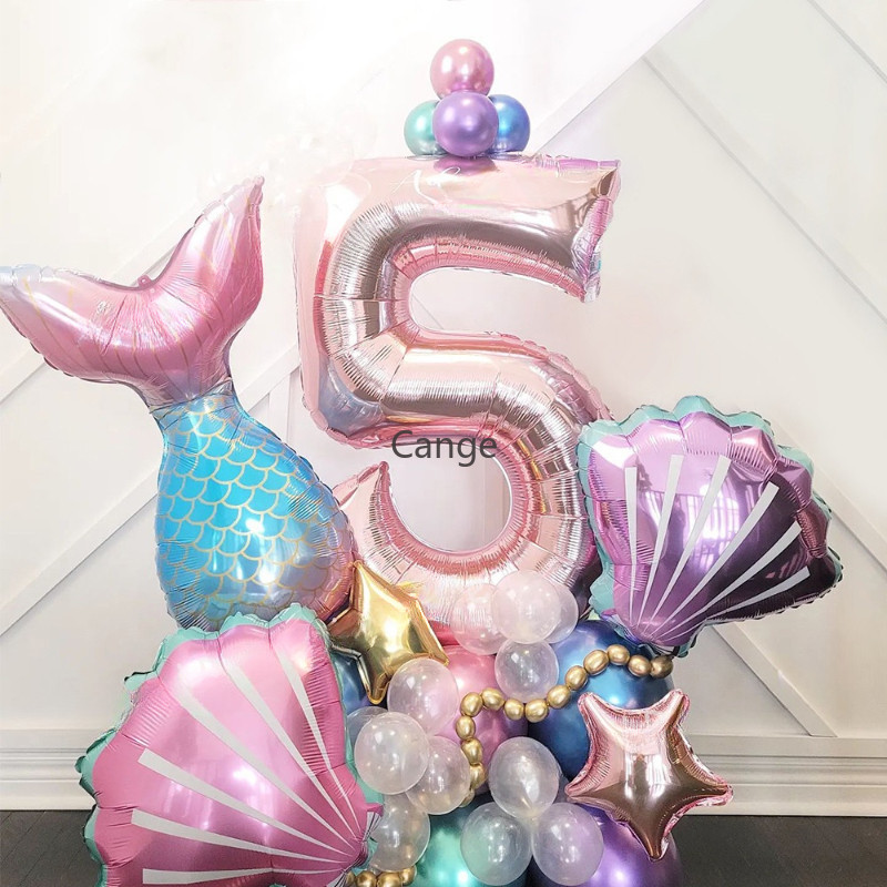 Gradient Mermaid Tail บอลลูนรอบฟอยล์บอลลูนเด็กวันเกิดตกแต่ง Baby Shower Globos - รูปที่ 5