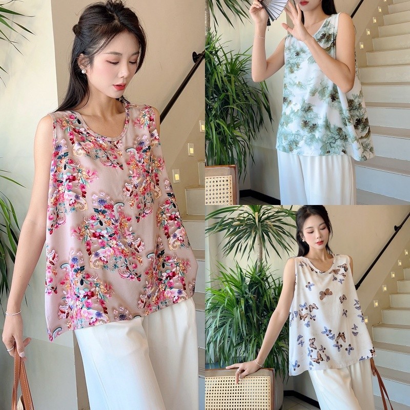 ผู้หญิงผ้าฝ้ายผ้าไหมพิมพ์เสื้อกั๊ก 2024 ฤดูร้อนบางชุดนอนรอบคอดอกไม้แขนกุดไหล่กว้างเสื้อ