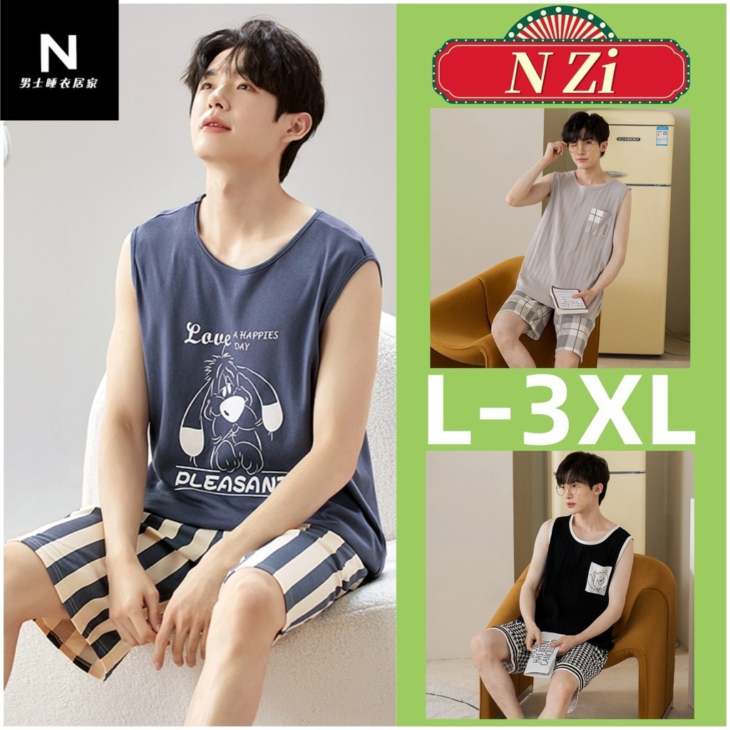 ชุดนอนผู ้ ชาย Modal ชุดนอนฤดูร ้ อนแขนกุดเสื ้ อกั ๊ กชุดนอนผ ้ าฝ ้ ายหลวมบาง Loungewear Man