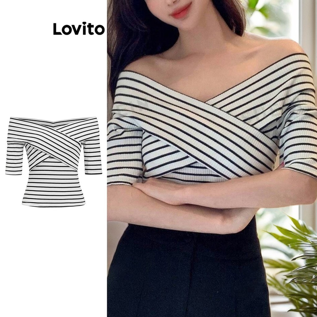 Lovito เสื้อผู้หญิง แต่งไขว้ ลายทาง สไตล์หรูหรา L87ED294