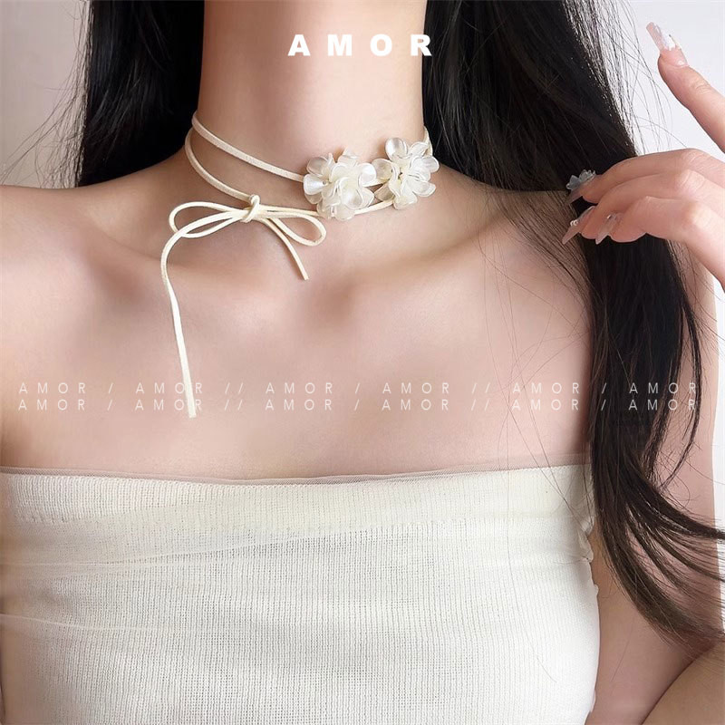 ห่วงโซ่คอดอกเคมีเลียนางฟ้าสุดสวยเชือกหนังผูกโบว์เค้นคออารมณ์โซ่กระดูกไหปลาร้าอเนกประสงค์