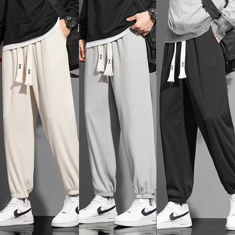 M-5xl ผู ้ ชายสีเทาผ ้ าไหมน ้ ําแข ็ งหลวมสบายๆกางเกงจ ๊ อกกิ ้ งแฟชั ่ นสีทึบตรงกีฬา Sweatpants สีดํา \ สีกากี