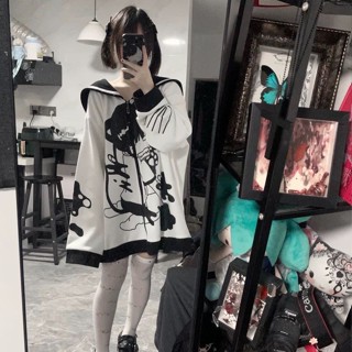 X-สีส้มญี่ปุ่นฮาราจูกุ y2k หูแมวกองทัพเรือคอปกเสื้อกันหนาวหล…