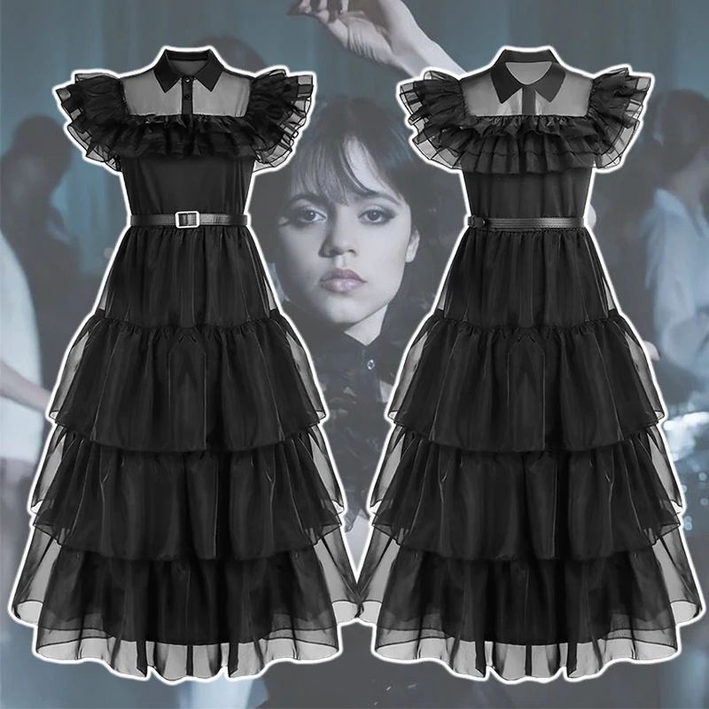 28H Wednesday Adams ชุดเดรสแขนกุด ผ้าตาข่าย หลายพันชั้น สีดํา สไตล์โกธิค สําหรับเด็กผู้หญิง ใส่ไปปาร์ตี้ฮาโลวีน