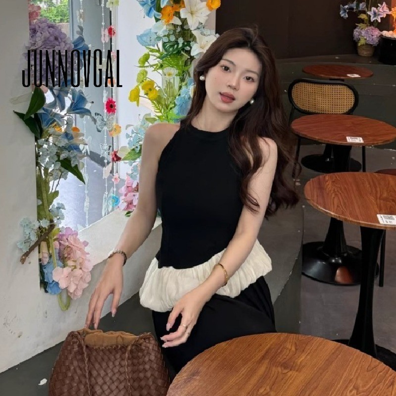 Junnovgal เสื ้ อชั ้ นในสตรีถักปลอมสองชิ ้ นคอกลมสีทึบ 2024 สไตล ์ อเมริกันใหม ่