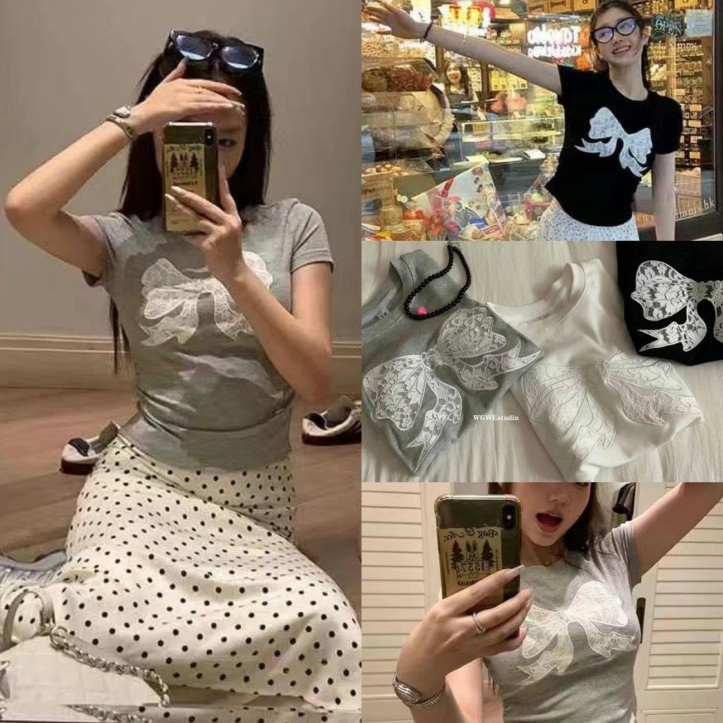เสื้อยืดคอกลม ปักโบว์เกาหลี ผ้าดีมาก ทรงเกาหลี ทรงน่ารัก แฟชั่นเกาหลี TAG WG.WE
