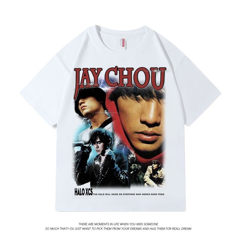 Jay Chou เสื้อยืด JAY Chou สไตล์เดียวกันพิมพ์วินเทจแขนสั้นผู้ชายและผู้หญิงหลวมคู่ High Street เสื้อย