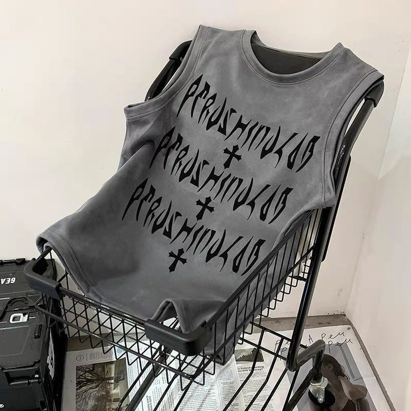 Tide BEAR เสื้อกล้ามผู้ชายใหม่, American retro street haute couture,การออกแบบพิมพ์ตัวอักษรข้ามอ่อนเยาว์แฟชั่นรอบคอเสื้อแขนกุด