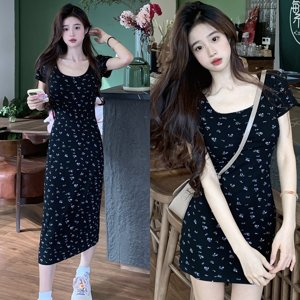 Kaekai พร้อมส่ง เดรส แขนสั้น ดีเทลลายดอกไม้ น่ารักๆ คอยู ผ้าเรยอน นุ่มๆ ใส่สบายๆ สไตล์เกาหลี เรียบง่าย