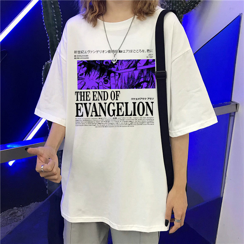 [พร้อมส่ง]Neon Genesis Evangelion Couple Casual Loose Men Wo เสื้อกีฬา น่ารัก y2k สีดำ ธรรมดา