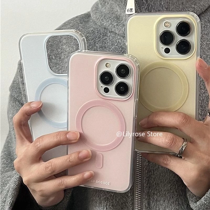 Matte Soft TPU เคสโทรศัพท์สําหรับ iPhone 12 13 14 15 16 Pro Max เคสโทรศัพท์แม่เหล็กลูกกวาดสีชมพูสีฟ้าสีเหลือง Zoozoo กรณี Y2K ins