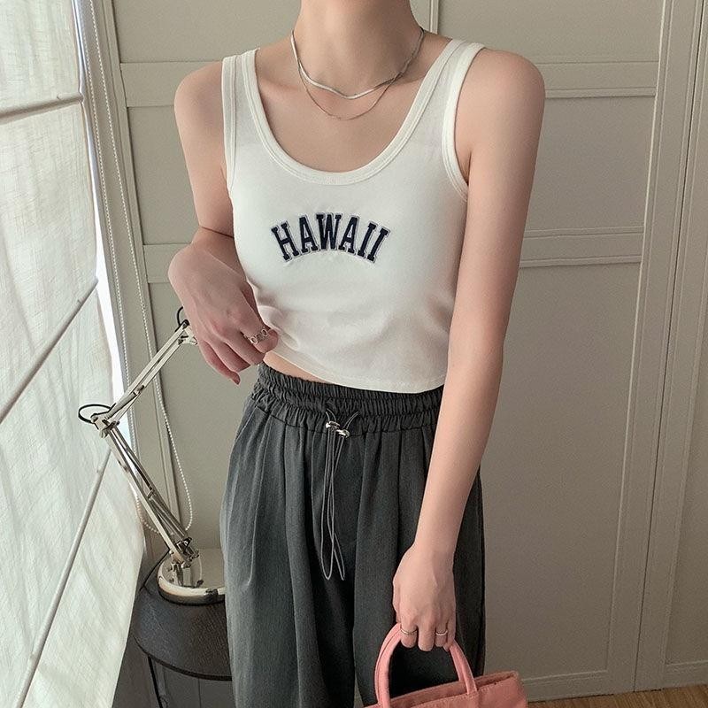 เสื้อกล้าม เสื้อสายเดี่ยว ทรงสปอร์ต ใส่ชิวๆ ผ้าปักลายอักษรอังกฤษ