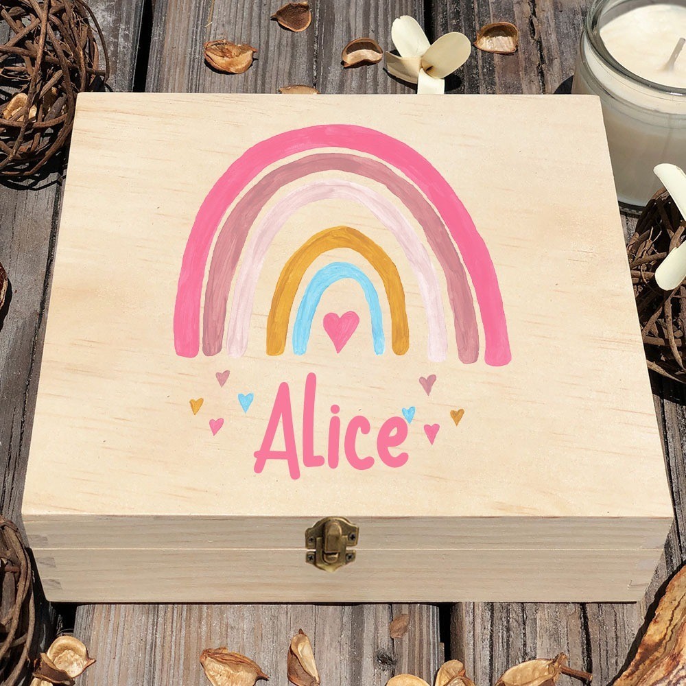 Personalised Baby Rainbow Box Custom ไม้ Infat Memory Box เด็กวัยหัดเดิน Keepsake กล่องทารกแรกเกิดอาบน้ําปัจจุบัน Baby Birth Stats ของขวัญ