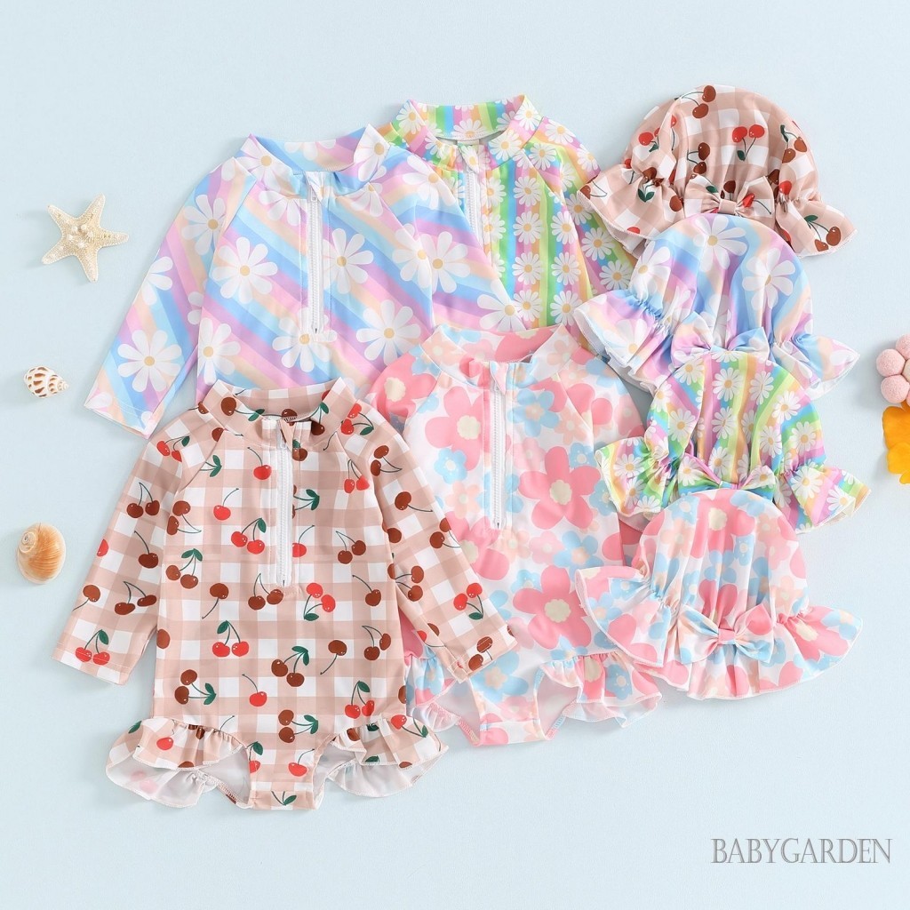 Baga-6month-5year เด็กผู้หญิง Rash Guard ชุดว่ายน้ําดอกไม้/Bow Sun หมวก/ Zip Up รอบคอแขนยาวว่ายน้ําสวมใส่เด็กวัยหัดเดินชุดว่ายน้ําชุด