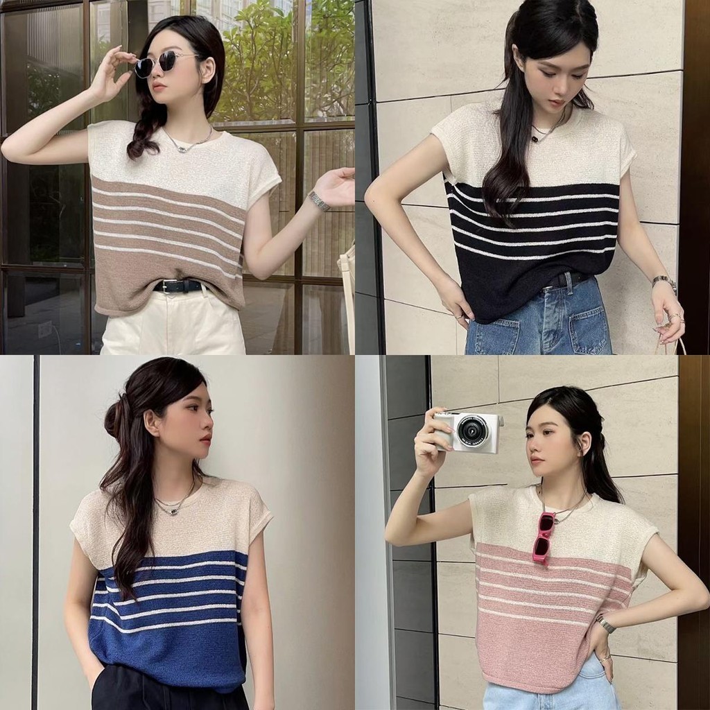 Lune_Graceเสื้อยืดไหมพรมลายทาง สีทูโทน ผ้านุ่มใส่สบาย คอกลมฟรีไซส์ แฟชั่นใหม่สไตล์เกาหลี รุ่นA125